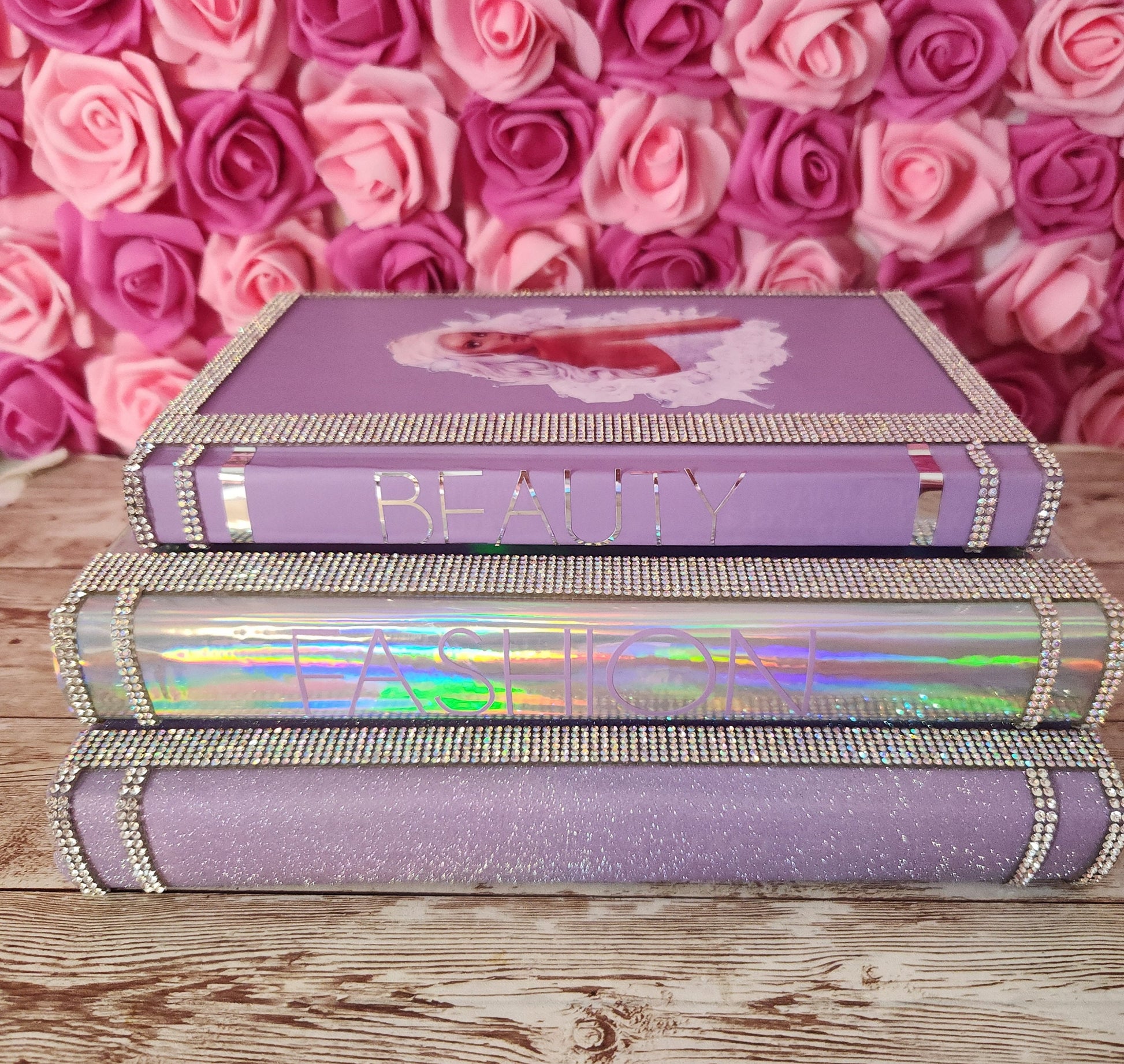 Glam Book Stack (Set of 3). Custom Coffee Table Decor. Purple Glitter, Holographic Silver & Lilac Books. Glam Decor. Makeup Room Decor. - Glamorous Beauty & Boutique