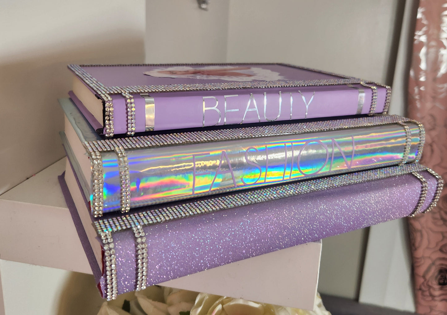 Glam Book Stack (Set of 3). Custom Coffee Table Decor. Purple Glitter, Holographic Silver & Lilac Books. Glam Decor. Makeup Room Decor. - Glamorous Beauty & Boutique