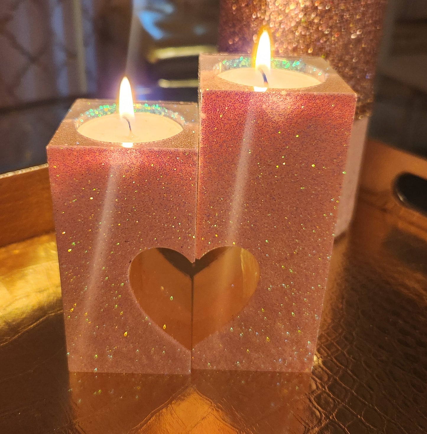 Holographic Pink Glitter 2 Piece Heart Tea Light Candle Holders. Glam Home Decor - Glamorous Beauty & Boutique