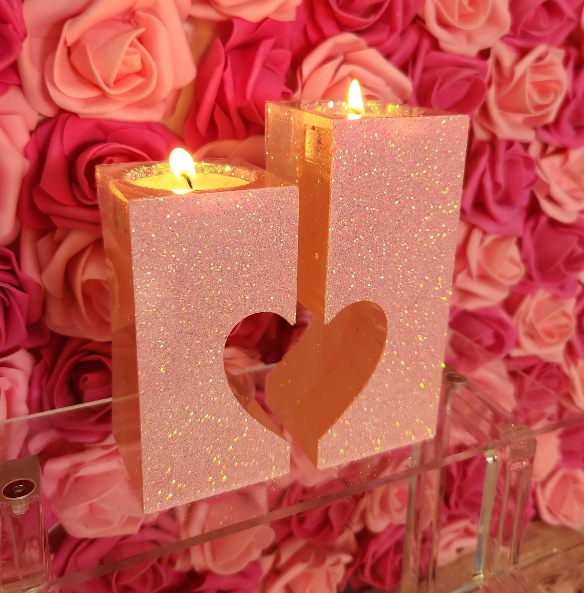 Holographic Pink Glitter 2 Piece Heart Tea Light Candle Holders. Glam Home Decor - Glamorous Beauty & Boutique