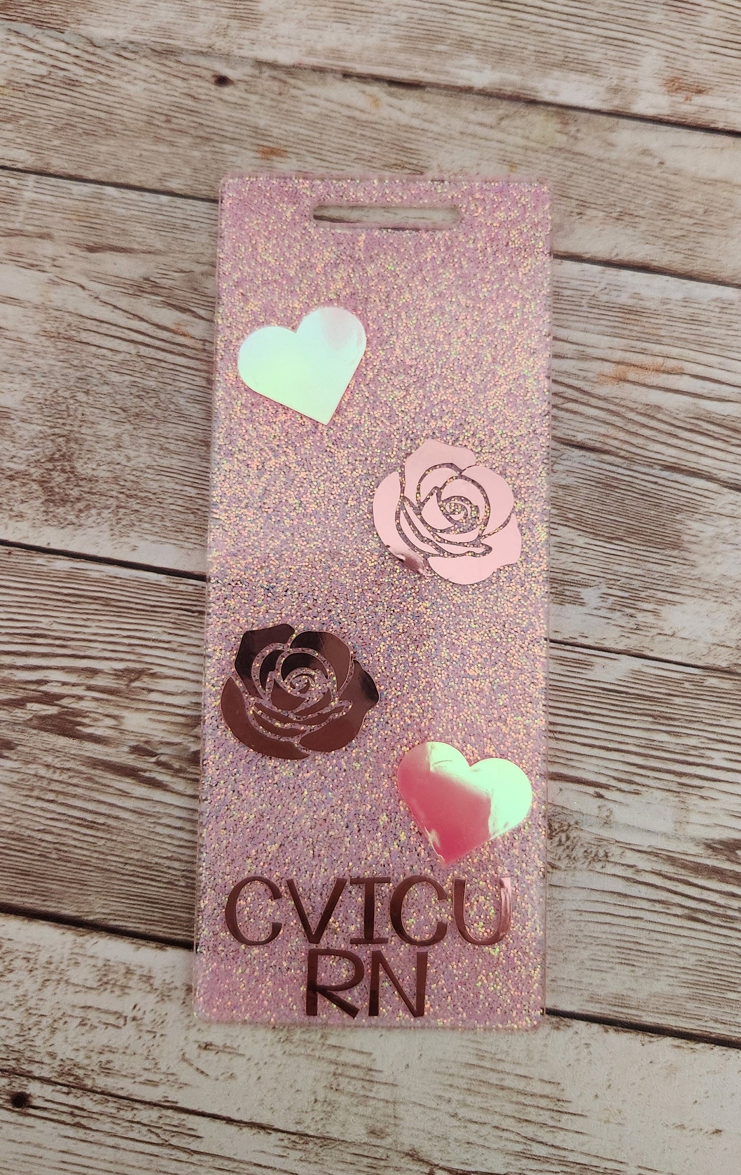 Holographic Rose and Heart Extended Length Badge Buddy. Pink Glitter with Rose Gold Nurse Badge Buddy. Acrylic & Resin Glitter Badge Buddy - Glamorous Beauty & Boutique