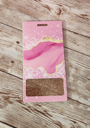 Vertical Badge Buddy for Medical Professionals, Gold Glitter with Pink Marble. Nurse Badge Buddy. Acrylic & Resin Glitter Badge Buddy - Glamorous Beauty & Boutique