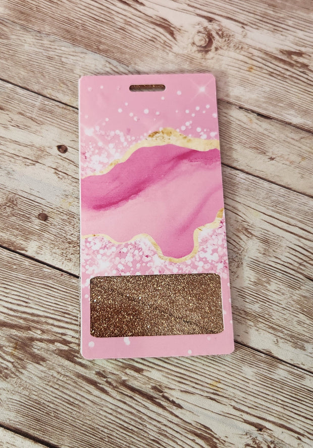 Vertical Badge Buddy for Medical Professionals, Gold Glitter with Pink Marble. Nurse Badge Buddy. Acrylic & Resin Glitter Badge Buddy - Glamorous Beauty & Boutique