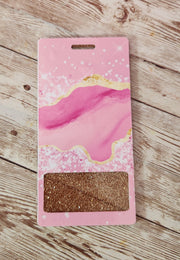 Vertical Badge Buddy for Medical Professionals, Gold Glitter with Pink Marble. Nurse Badge Buddy. Acrylic & Resin Glitter Badge Buddy - Glamorous Beauty & Boutique