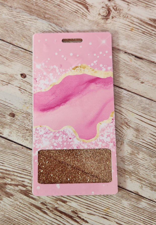 Vertical Badge Buddy for Medical Professionals, Gold Glitter with Pink Marble. Nurse Badge Buddy. Acrylic & Resin Glitter Badge Buddy - Glamorous Beauty & Boutique