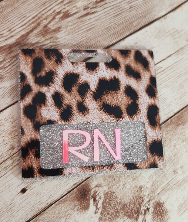 Silver Glitter & Leopard Horizontal Badge Buddy for Medical Professionals. RN Nurse Badge Buddy. Acrylic and Resin Glitter Badge Buddy - Glamorous Beauty & Boutique