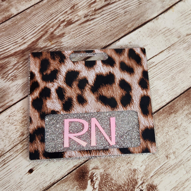 Silver Glitter & Leopard Horizontal Badge Buddy for Medical Professionals. RN Nurse Badge Buddy. Acrylic and Resin Glitter Badge Buddy - Glamorous Beauty & Boutique