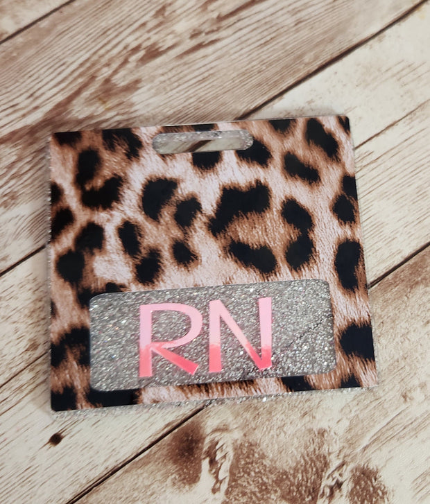 Silver Glitter & Leopard Horizontal Badge Buddy for Medical Professionals. RN Nurse Badge Buddy. Acrylic and Resin Glitter Badge Buddy - Glamorous Beauty & Boutique