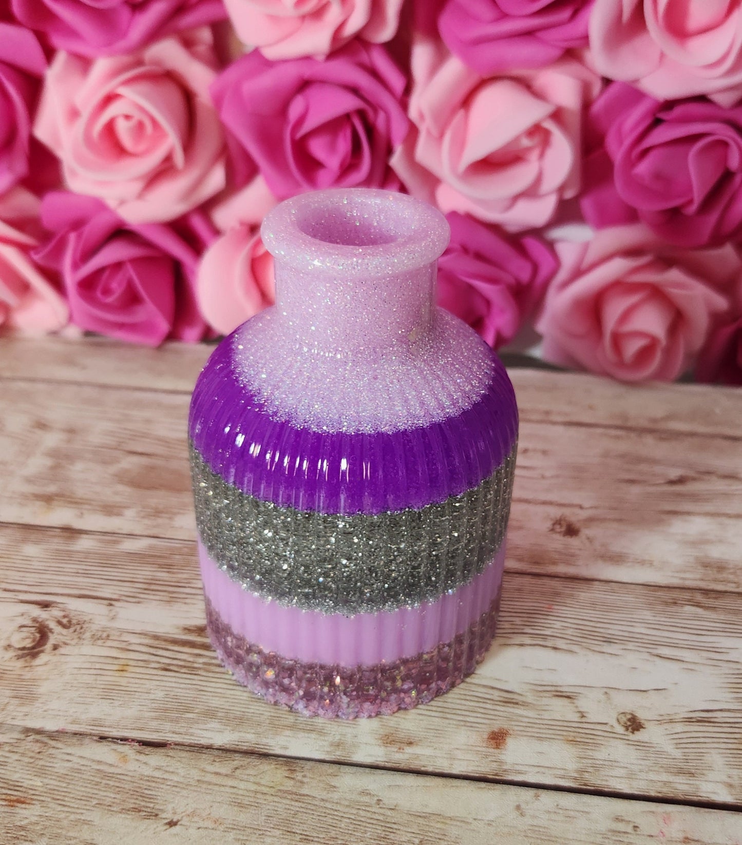 Mini Striped Vase. Neon Purple & Silver Glitter Epoxy Resin Vase. Glam Home Decor. Makeup Room Decor - Glamorous Beauty & Boutique