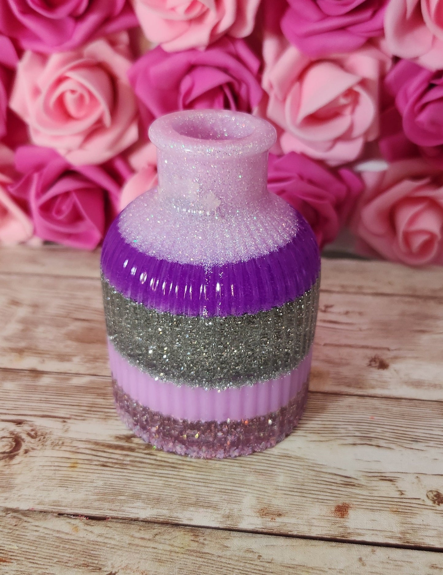 Mini Striped Vase. Neon Purple & Silver Glitter Epoxy Resin Vase. Glam Home Decor. Makeup Room Decor - Glamorous Beauty & Boutique