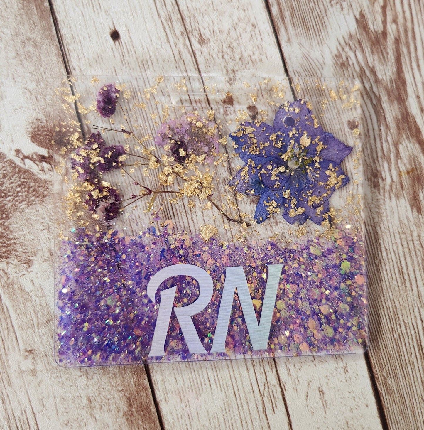 Purple Presed Flower & Glitter Horizontal Badge Buddy for Medical Professionals. RN Nurse Badge Buddy. Acrylic and Resin Glitter Badge Buddy - Glamorous Beauty & Boutique