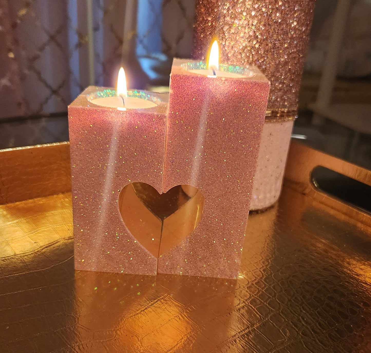 Holographic Pink Glitter 2 Piece Heart Tea Light Candle Holders. Glam Home Decor - Glamorous Beauty & Boutique