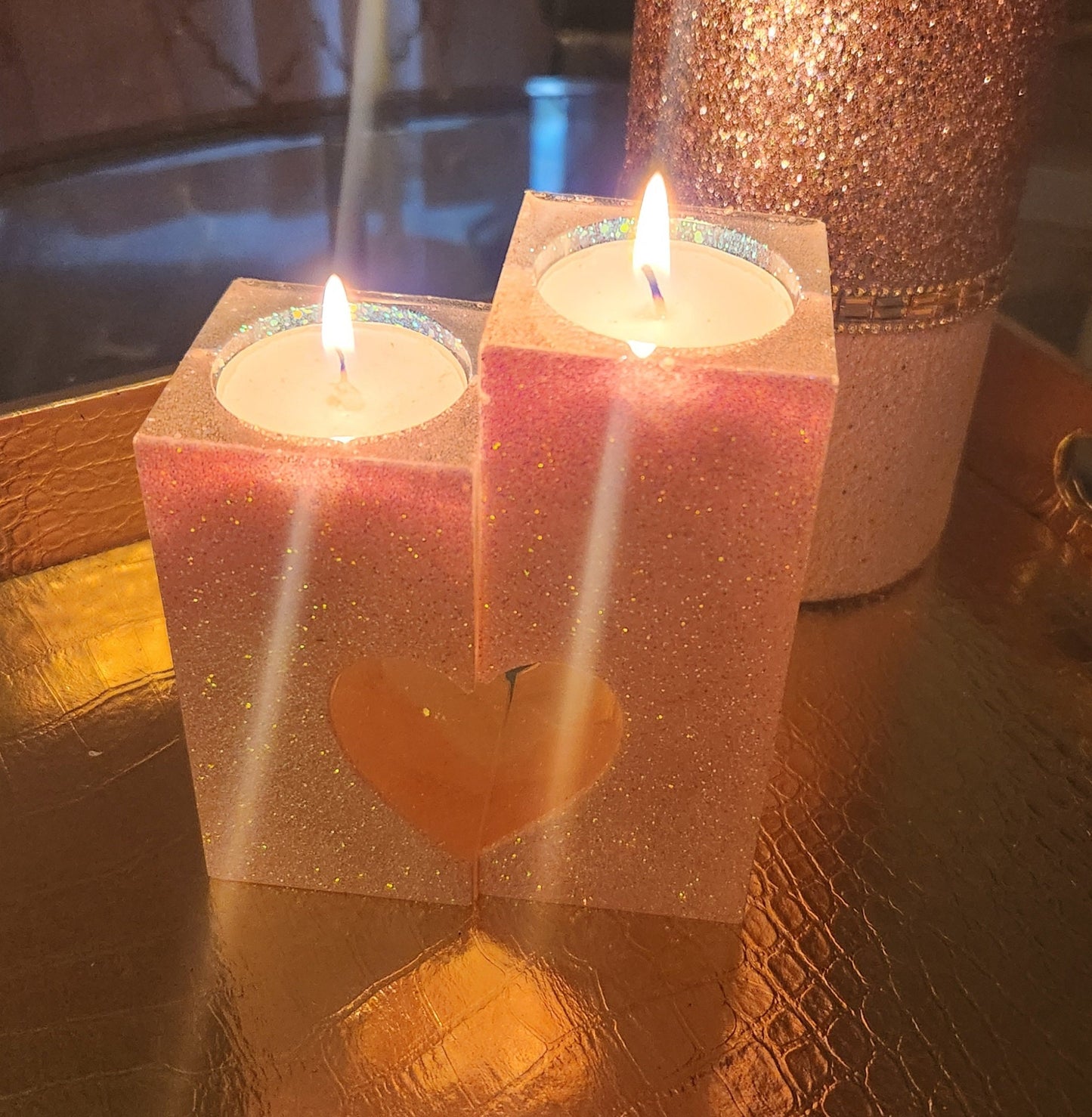 Holographic Pink Glitter 2 Piece Heart Tea Light Candle Holders. Glam Home Decor - Glamorous Beauty & Boutique