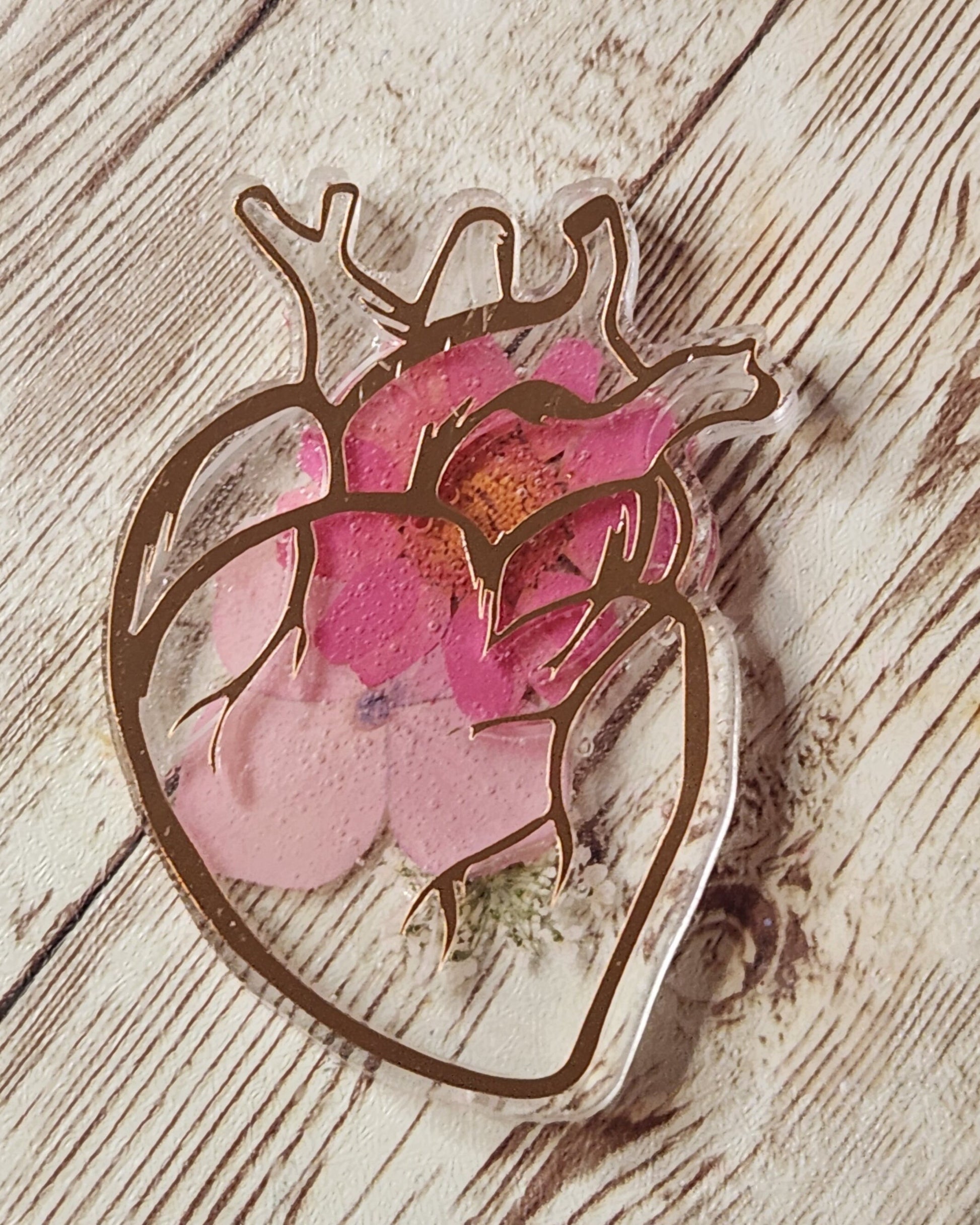 Pink Flowers & Metallic Rose Gold Anatomical Heart Cardiac RN Nurse Resin Badge Holder. Resin Retratable Badge Reel. Cardiac Nurse. ICU. - Glamorous Beauty & Boutique