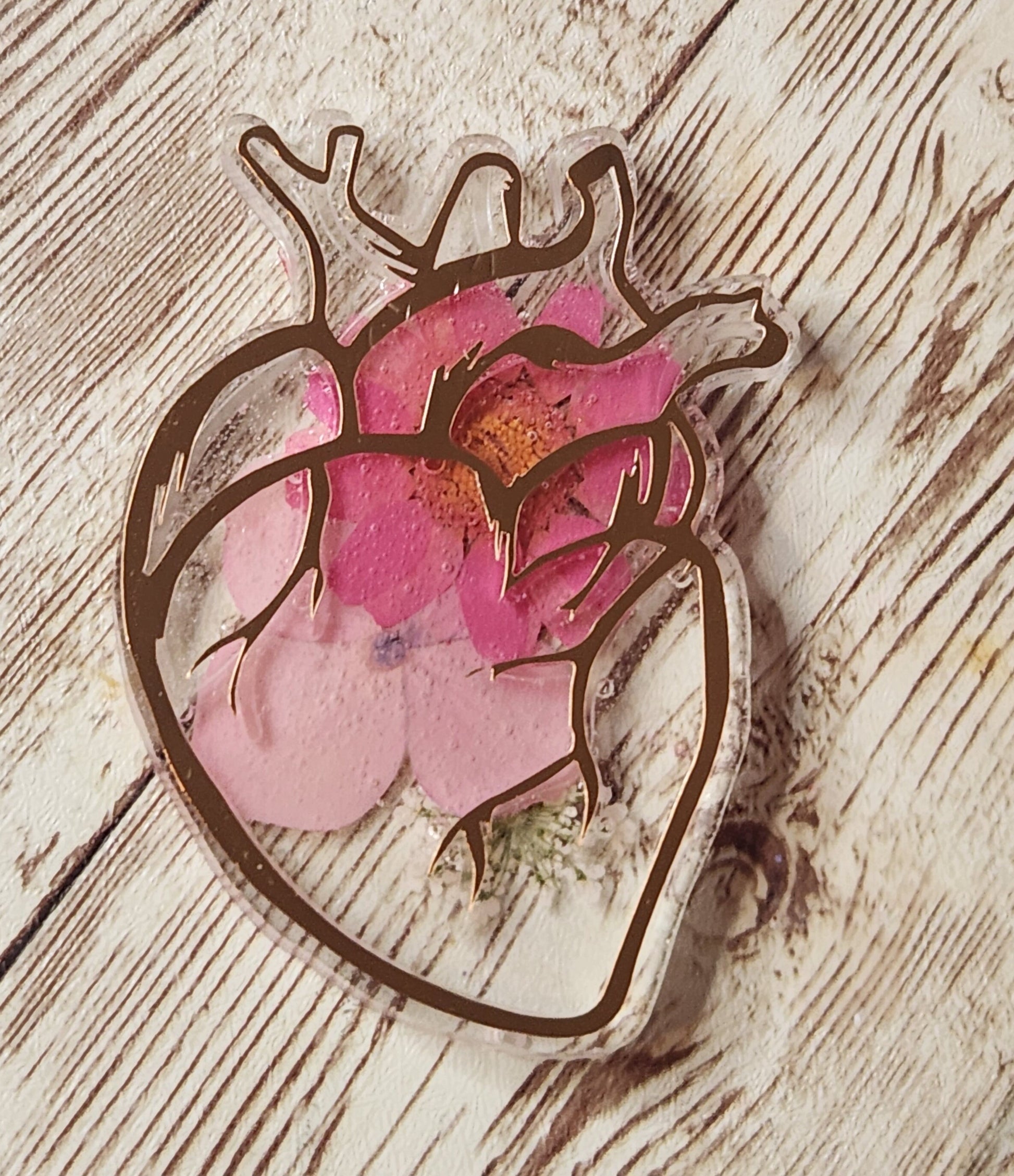 Pink Flowers & Metallic Rose Gold Anatomical Heart Cardiac RN Nurse Resin Badge Holder. Resin Retratable Badge Reel. Cardiac Nurse. ICU. - Glamorous Beauty & Boutique