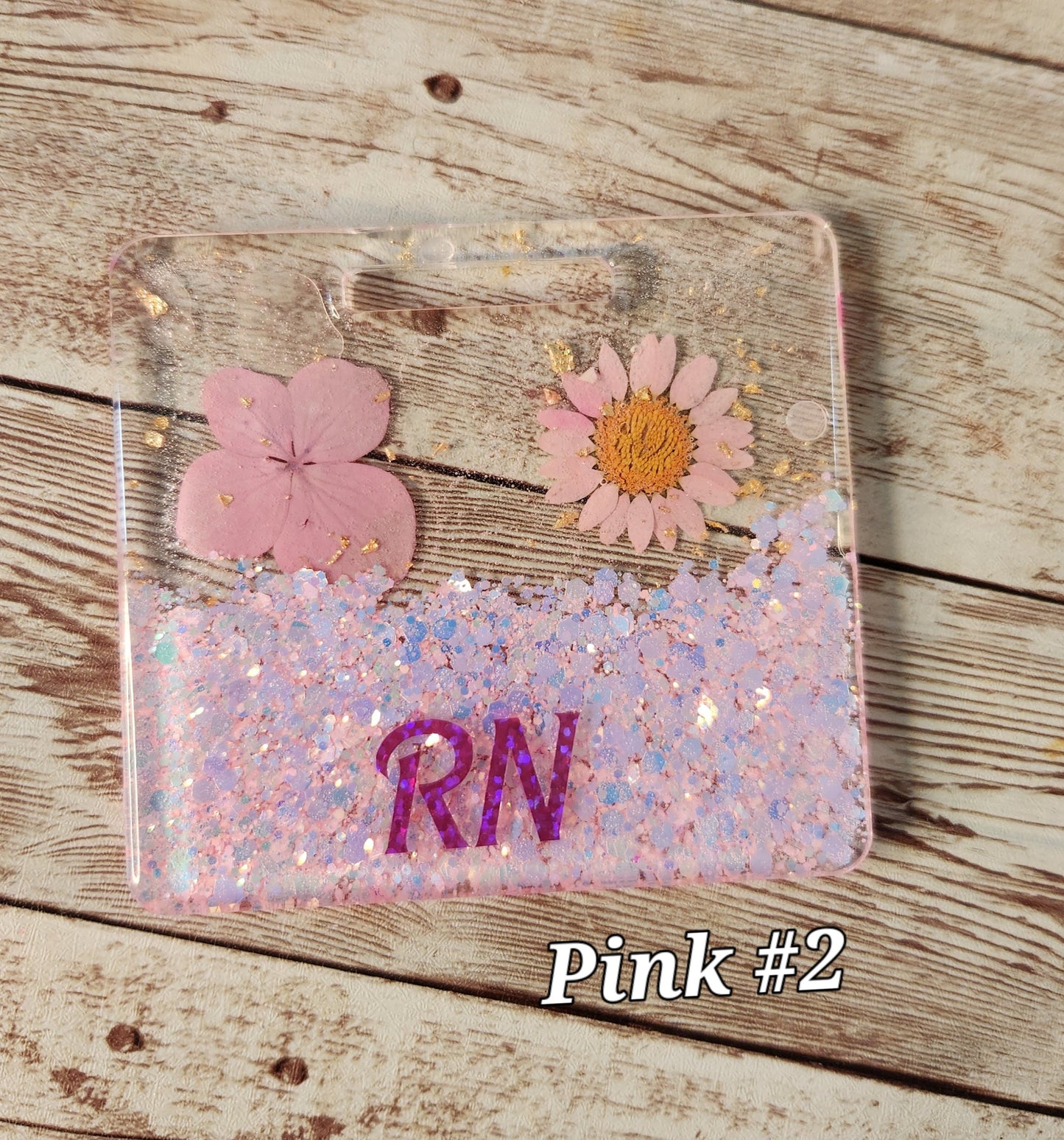 Pink Pressed Flowers & Glitter Badge Buddy for Medical Professionals. Nurse Badge Buddy. Resin Glitter RN Badge Buddy - Glamorous Beauty & Boutique