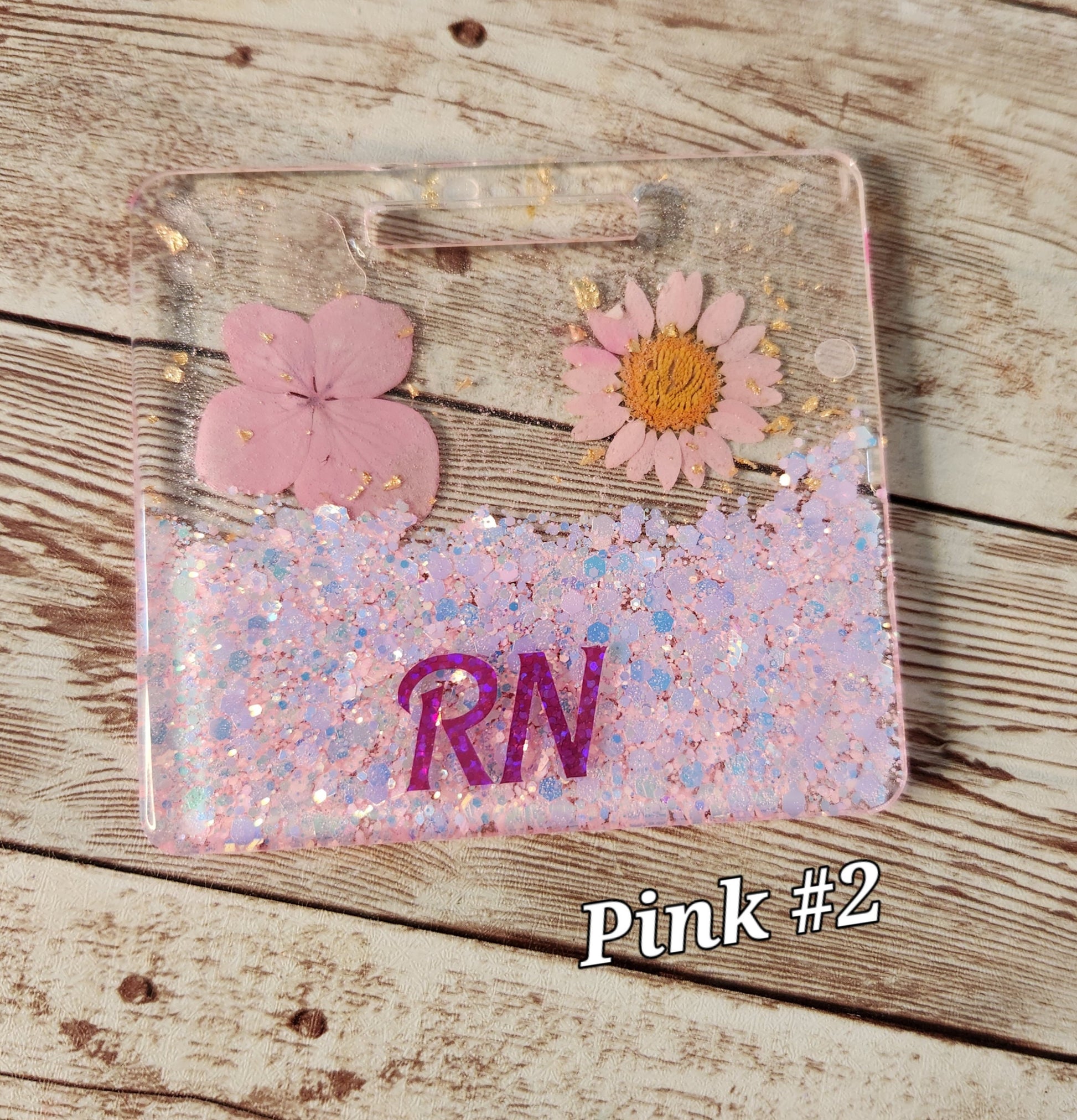 Pink Pressed Flowers & Glitter Badge Buddy for Medical Professionals. Nurse Badge Buddy. Resin Glitter RN Badge Buddy - Glamorous Beauty & Boutique