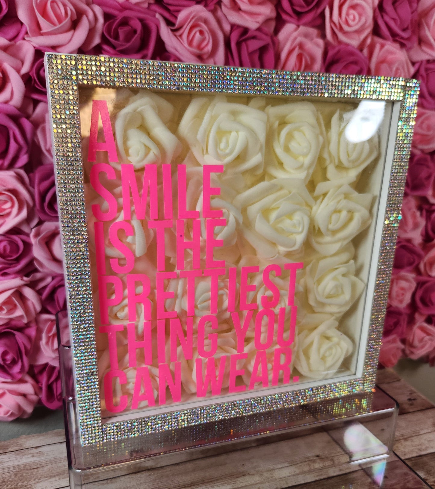 Glam Wall Art. Ivory Rose & Silver Rhinestone "A Smile Is The Prettiest Thing You Can Wear" Shadow Box. Bling Wall Decor. Glam Decor. - Glamorous Beauty & Boutique