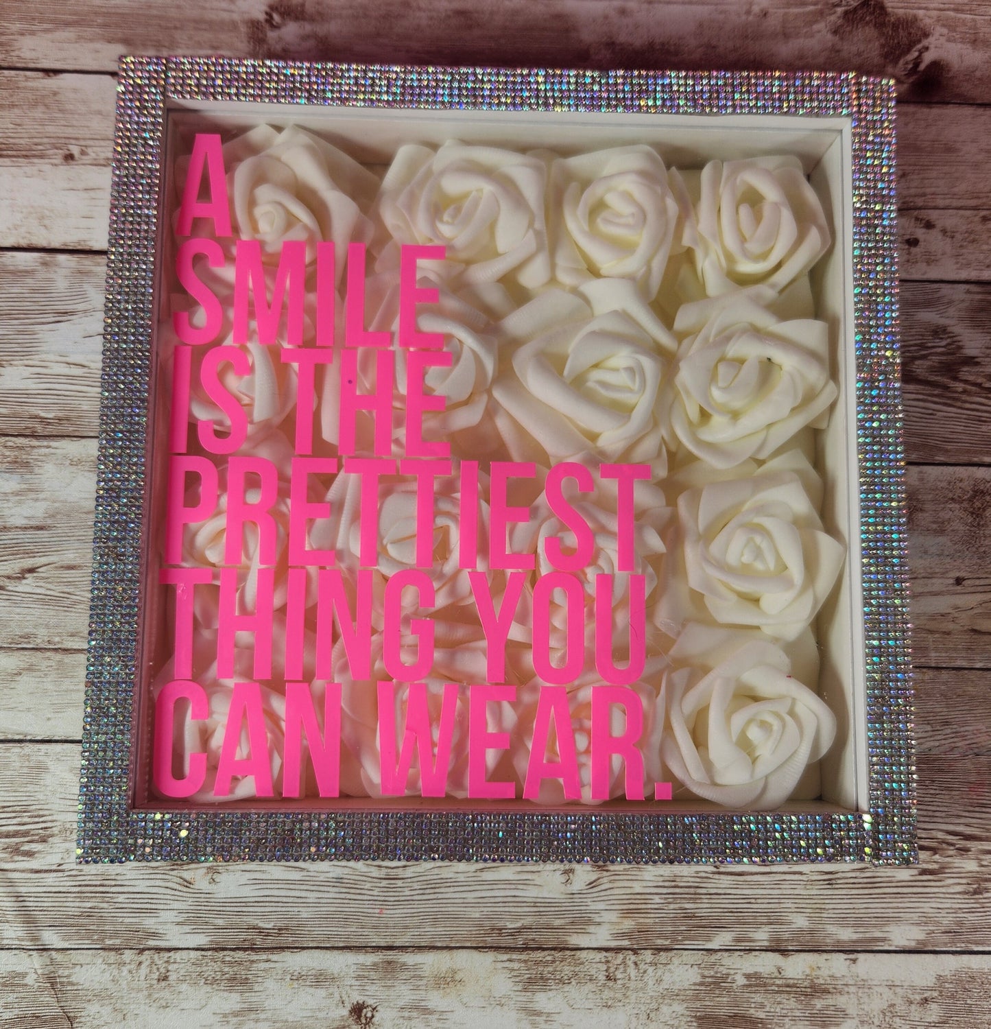 Glam Wall Art. Ivory Rose & Silver Rhinestone "A Smile Is The Prettiest Thing You Can Wear" Shadow Box. Bling Wall Decor. Glam Decor. - Glamorous Beauty & Boutique