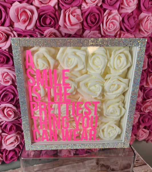 Glam Wall Art. Ivory Rose & Silver Rhinestone "A Smile Is The Prettiest Thing You Can Wear" Shadow Box. Bling Wall Decor. Glam Decor. - Glamorous Beauty & Boutique