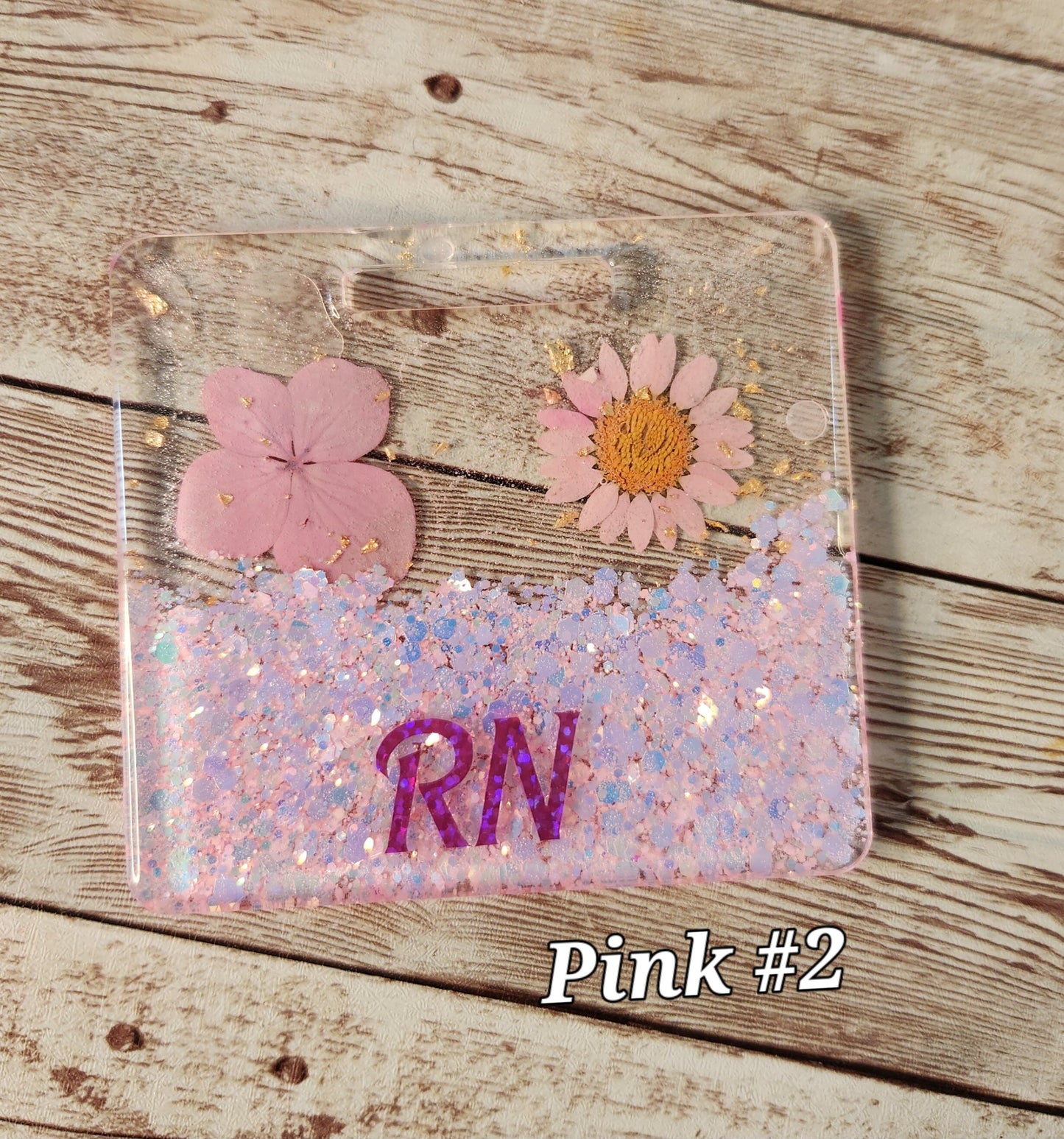 Pressed Flowers & Gold Foil Horizontal Badge Buddy for Medical Professionals. RN Nurse Badge Buddy. Acrylic and Resin Glitter Badge Buddy - Glamorous Beauty & Boutique