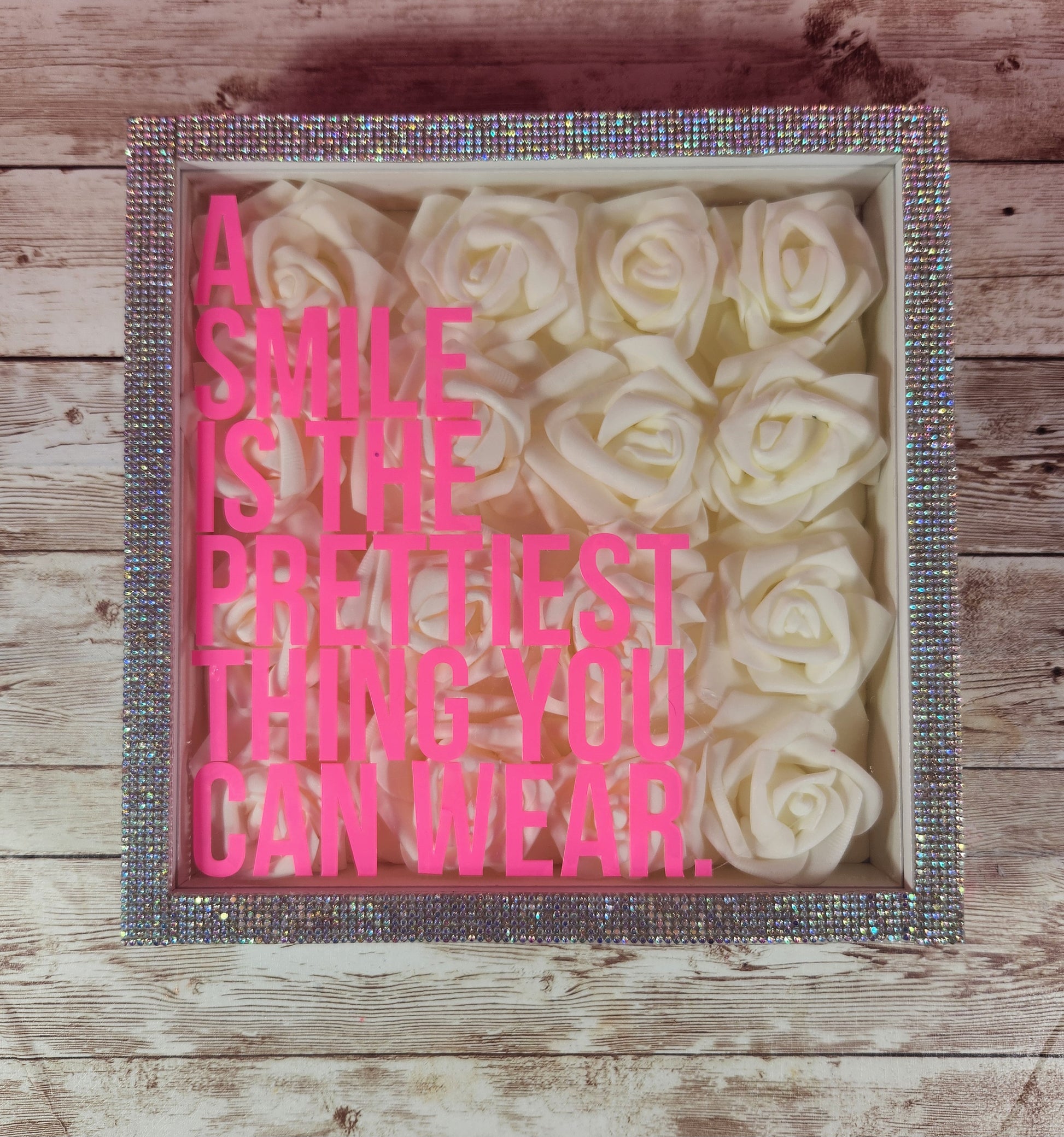 Glam Wall Art. Ivory Rose & Silver Rhinestone "A Smile Is The Prettiest Thing You Can Wear" Shadow Box. Bling Wall Decor. Glam Decor. - Glamorous Beauty & Boutique