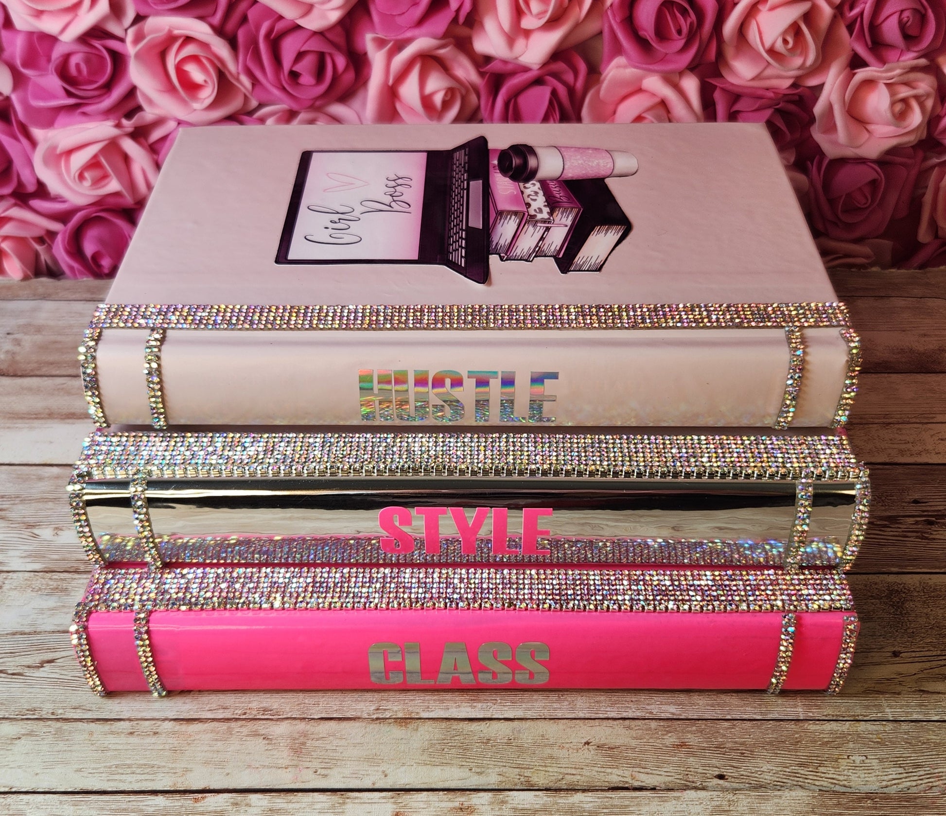 Glam Book Stack (Set of 3). Custom Coffee Table Decor. Hot Pink, Metallic Silver & Pink Books, Bling Decor, Glam Decor. Boss Babe Book Stack - Glamorous Beauty & Boutique