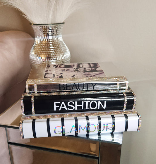 Coffee Table Book Stack (Set of 3). Glam Book Stack. Black, Metallic Silver & White Books. Glam Home Decor. Makeup Room Decor. Fashion Decor - Glamorous Beauty & Boutique