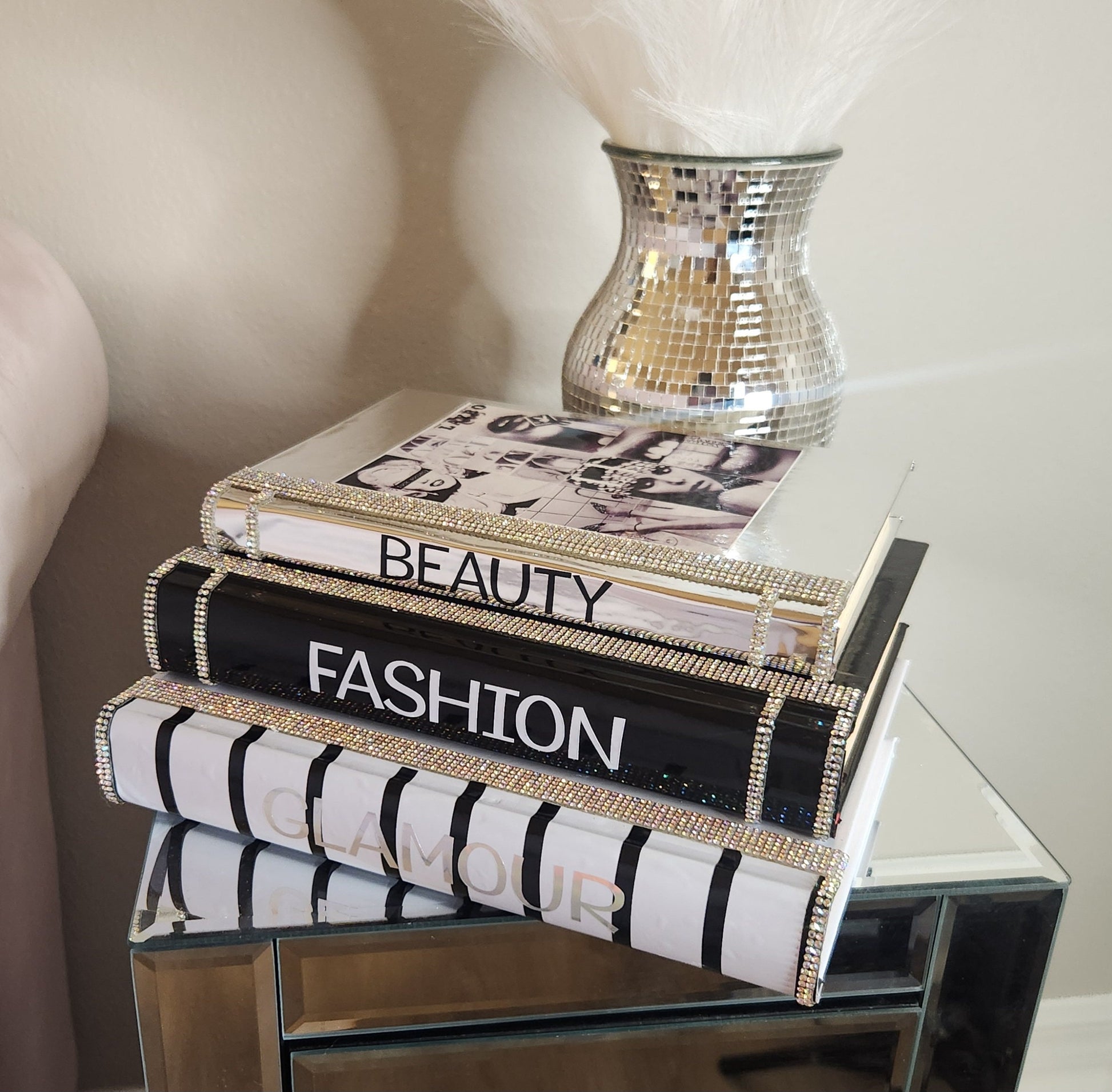 Coffee Table Book Stack (Set of 3). Glam Book Stack. Black, Metallic Silver & White Books. Glam Home Decor. Makeup Room Decor. Fashion Decor - Glamorous Beauty & Boutique