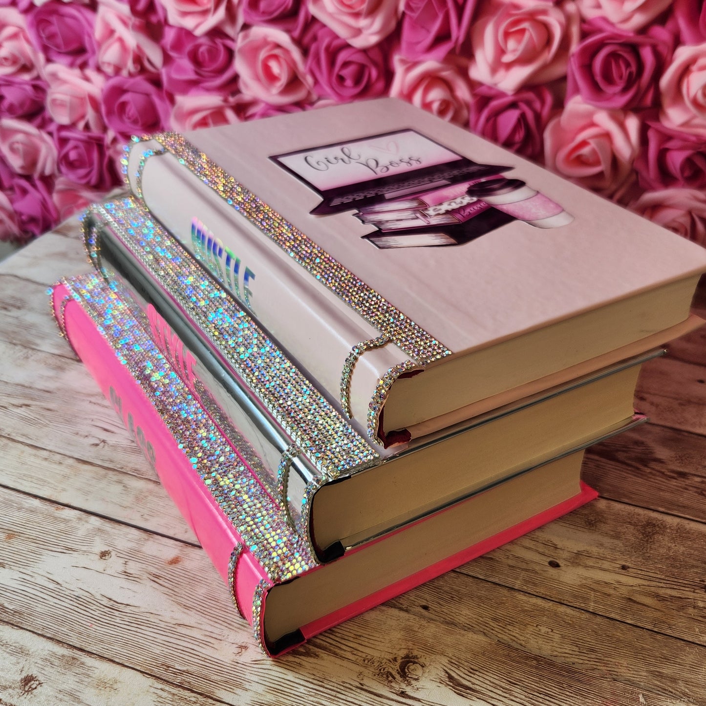 Pink book stack, glam book stack, glam Decor, coffee table decor, decorative books, fashion book stack, silver book stack, handmade book stack, pink decor, bling books, makeup Room Decor, boss babe book stack, girl boss