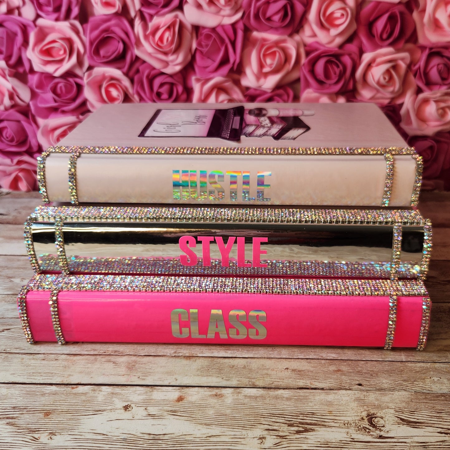 Pink book stack, glam book stack, glam Decor, coffee table decor, decorative books, fashion book stack, silver book stack, handmade book stack, pink decor, bling books, makeup Room Decor, boss babe book stack, girl boss