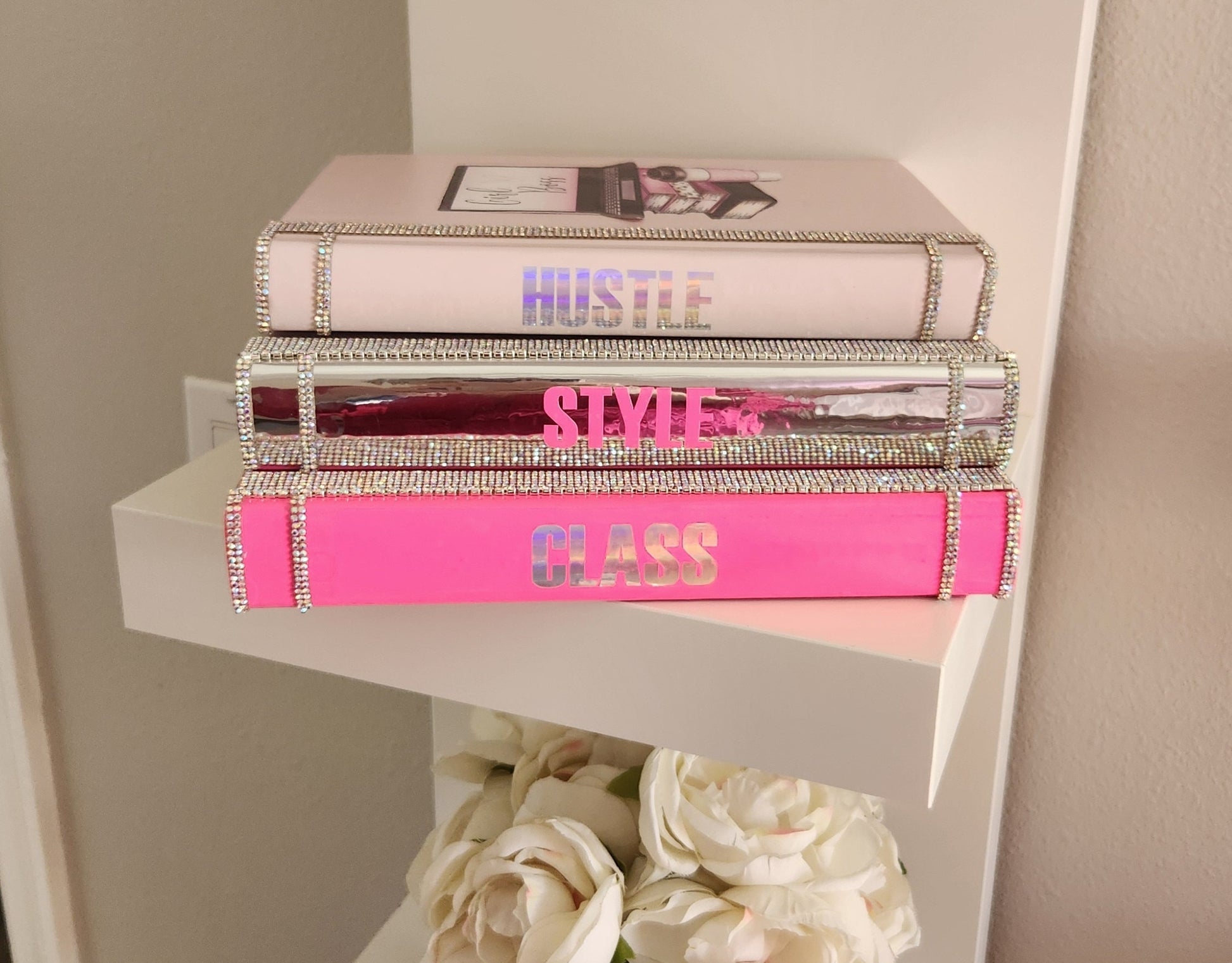 Pink book stack, glam book stack, glam Decor, coffee table decor, decorative books, fashion book stack, silver book stack, handmade book stack, pink decor, bling books, makeup Room Decor, boss babe book stack, girl boss