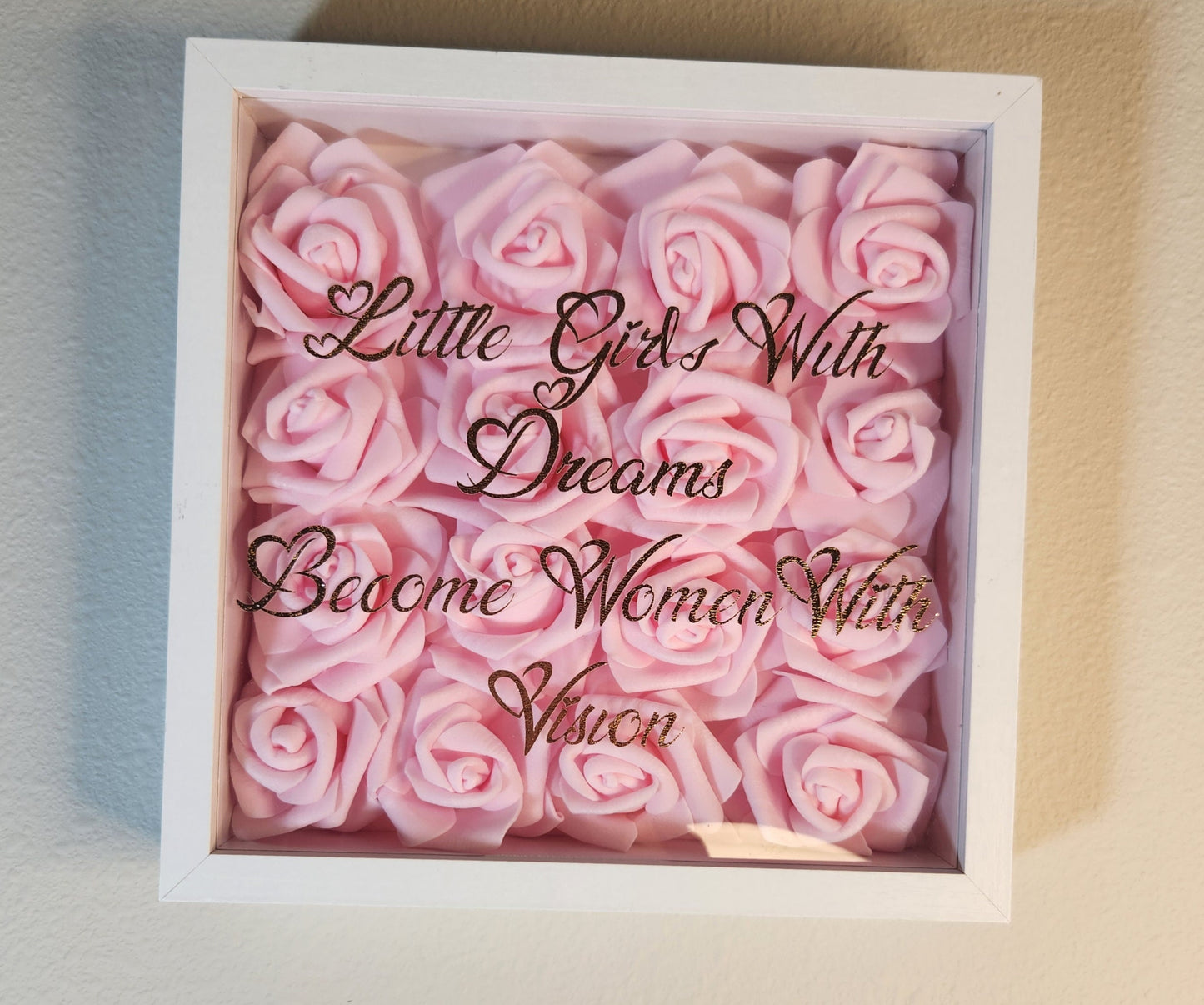 Glam Wall Art. Light Pink Rose & Rose Gold "Little Girls With Dreams Become Women With Vision " Shadow Box. Nursery Room Decor. Glam Decor. - Glamorous Beauty & Boutique