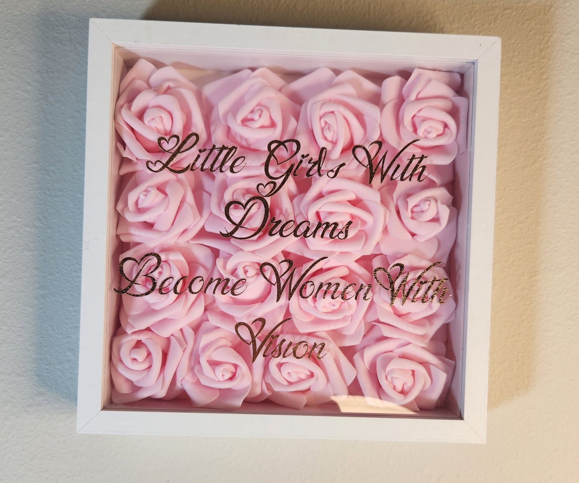 Glam Wall Art. Light Pink Rose & Rose Gold "Little Girls With Dreams Become Women With Vision " Shadow Box. Nursery Room Decor. Glam Decor. - Glamorous Beauty & Boutique