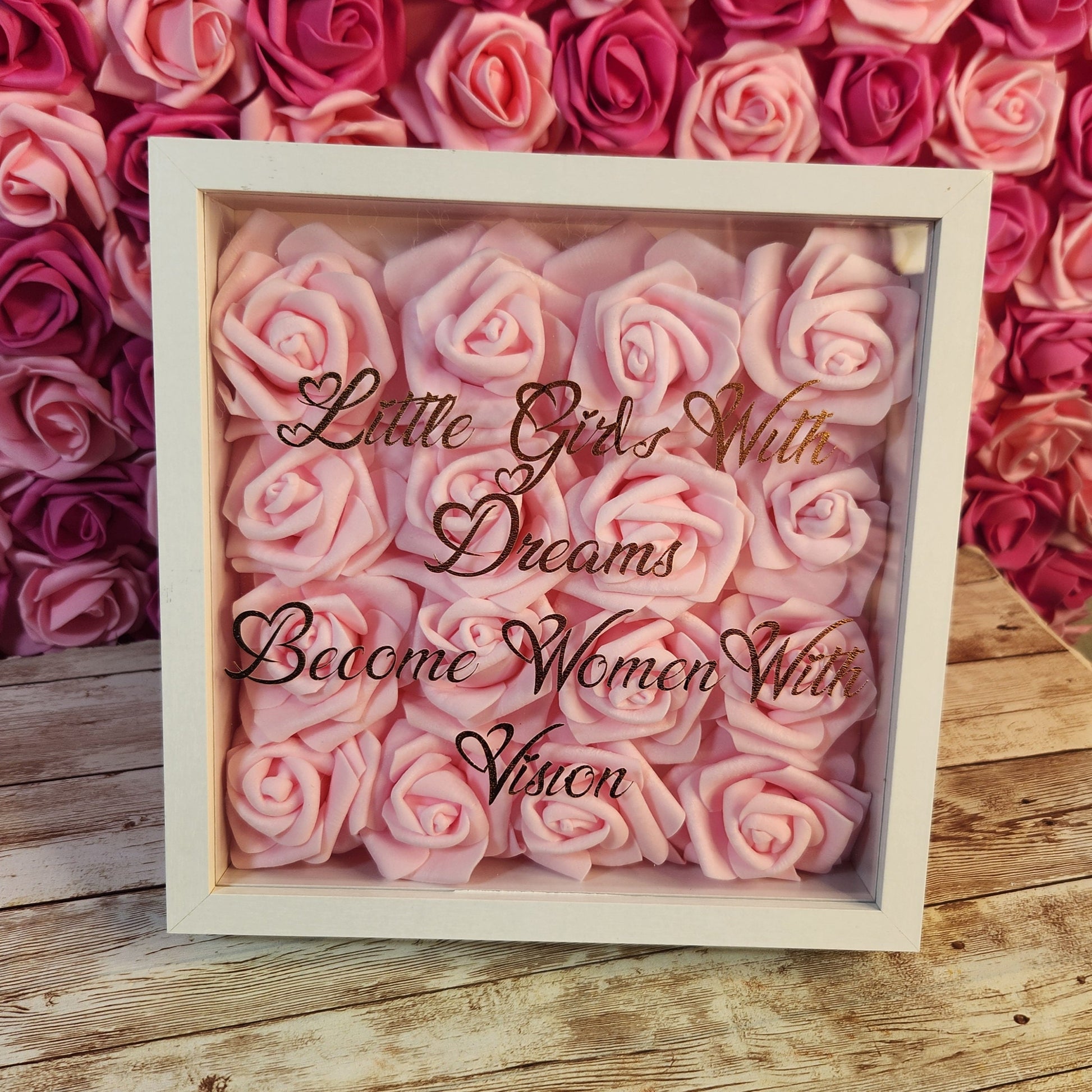 Glam Wall Art. Light Pink Rose & Rose Gold "Little Girls With Dreams Become Women With Vision " Shadow Box. Nursery Room Decor. Glam Decor. - Glamorous Beauty & Boutique