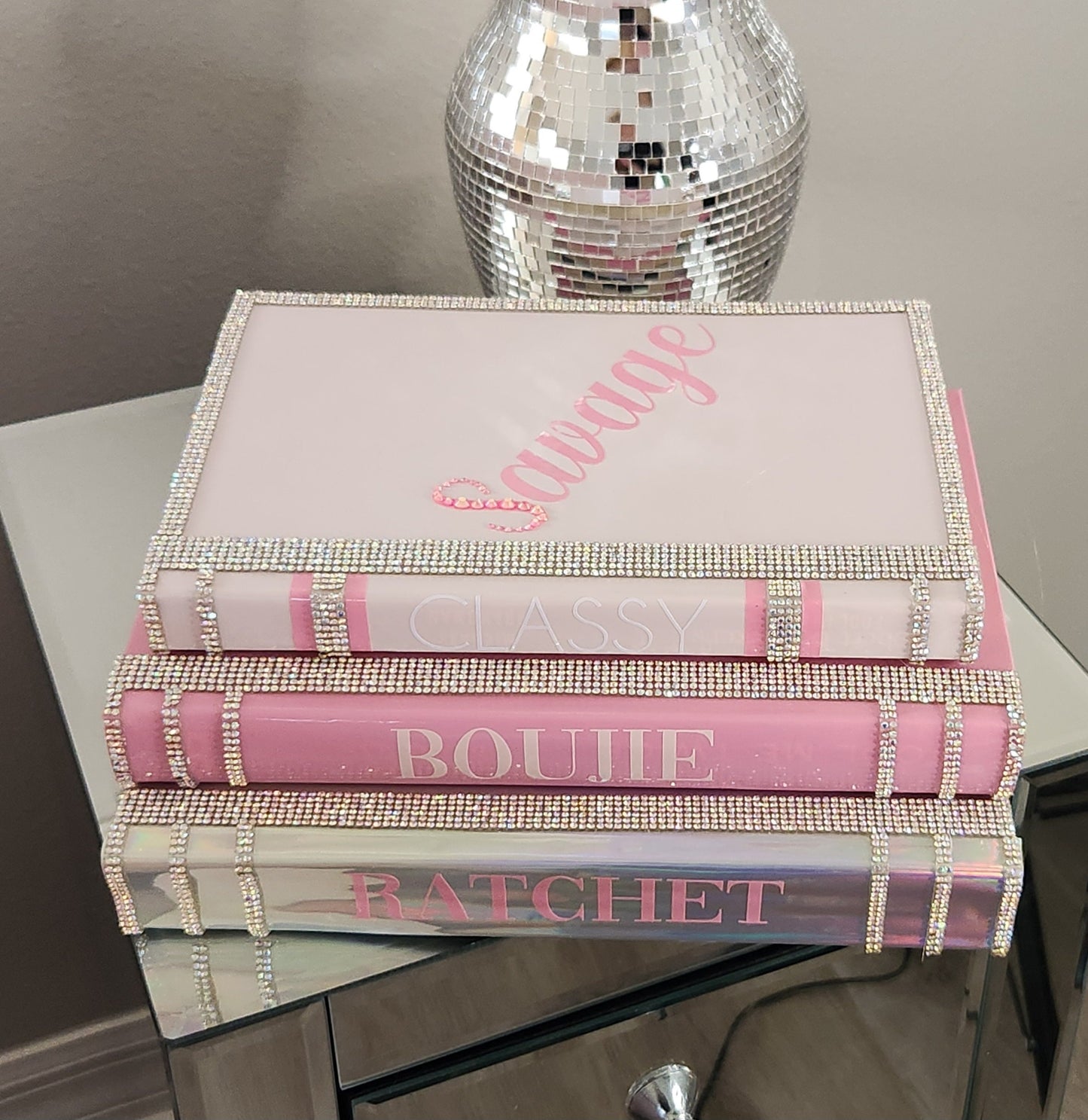 Pink book stack, glam book stack, glam Decor, coffee table decor, decorative books, fashion book stack, silver book stack, handmade book stack, pink decor, bling books, makeup Room Decor, boss babe book stack, girl boss