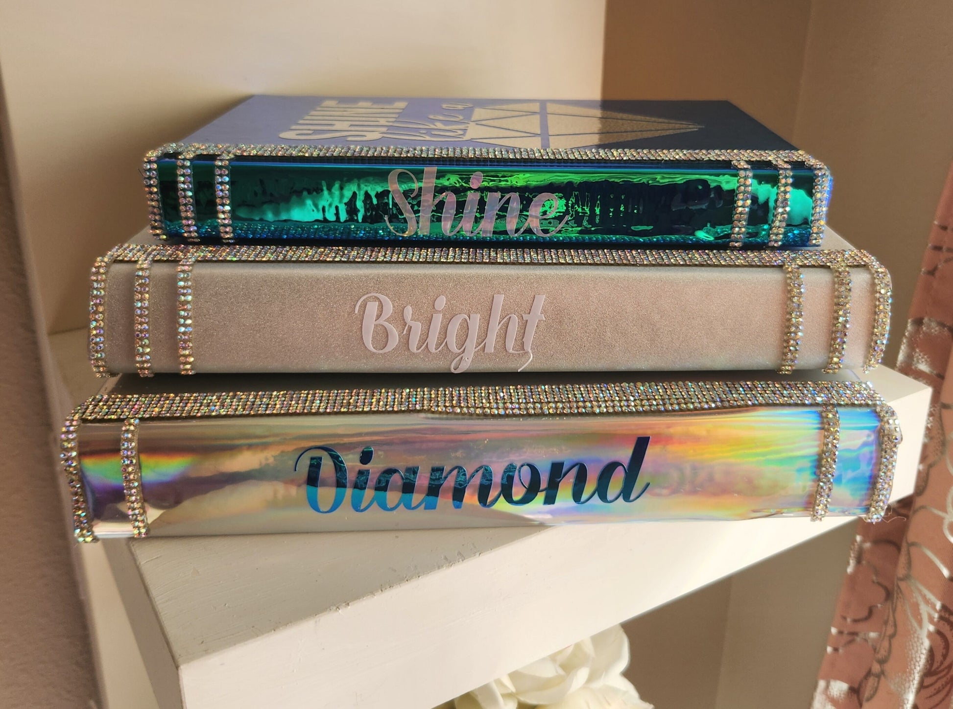 Glam Book Stack (Set of 3). Custom Coffee Table Decor. Holographic Silver, Silver & Blue Books, Bling Decor, Glam Decor. Makeup Room Decor. - Glamorous Beauty & Boutique