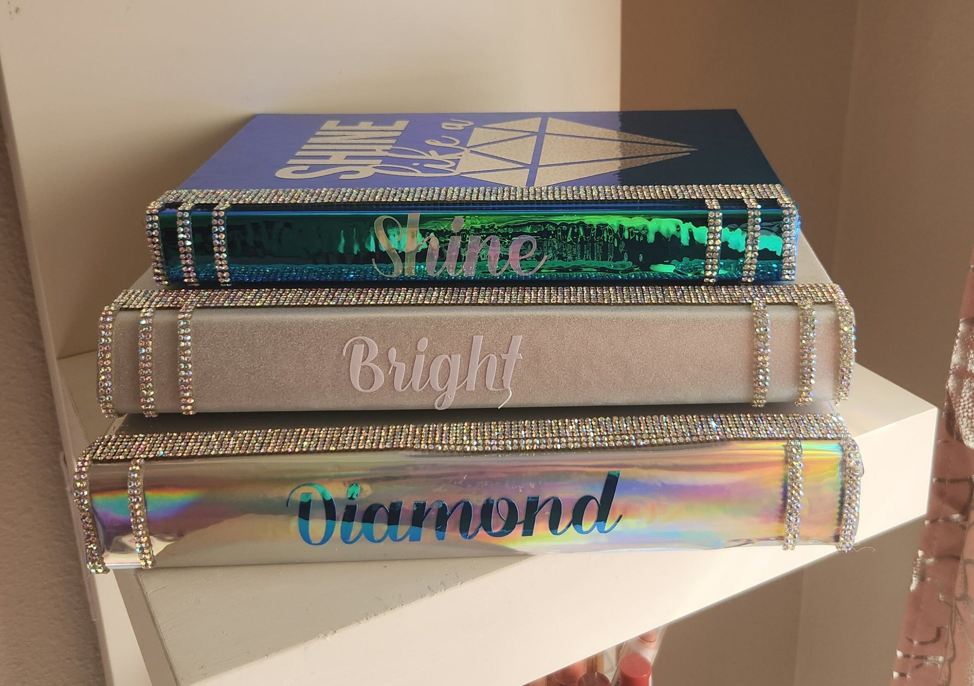 Glam Book Stack (Set of 3). Custom Coffee Table Decor. Holographic Silver, Silver & Blue Books, Bling Decor, Glam Decor. Makeup Room Decor. - Glamorous Beauty & Boutique