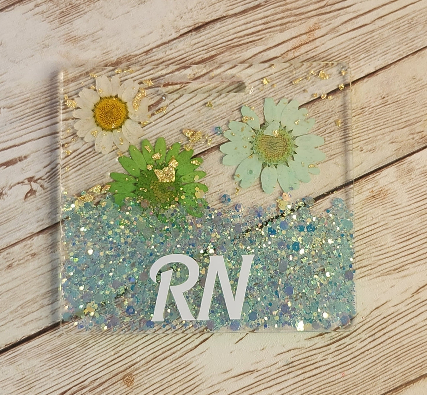 Green Flowers & Glitter with Gold Foil Badge Buddy for Medical Professionals. RN Nurse Badge Buddy. Acrylic and Resin Glitter Badge Buddy - Glamorous Beauty & Boutique