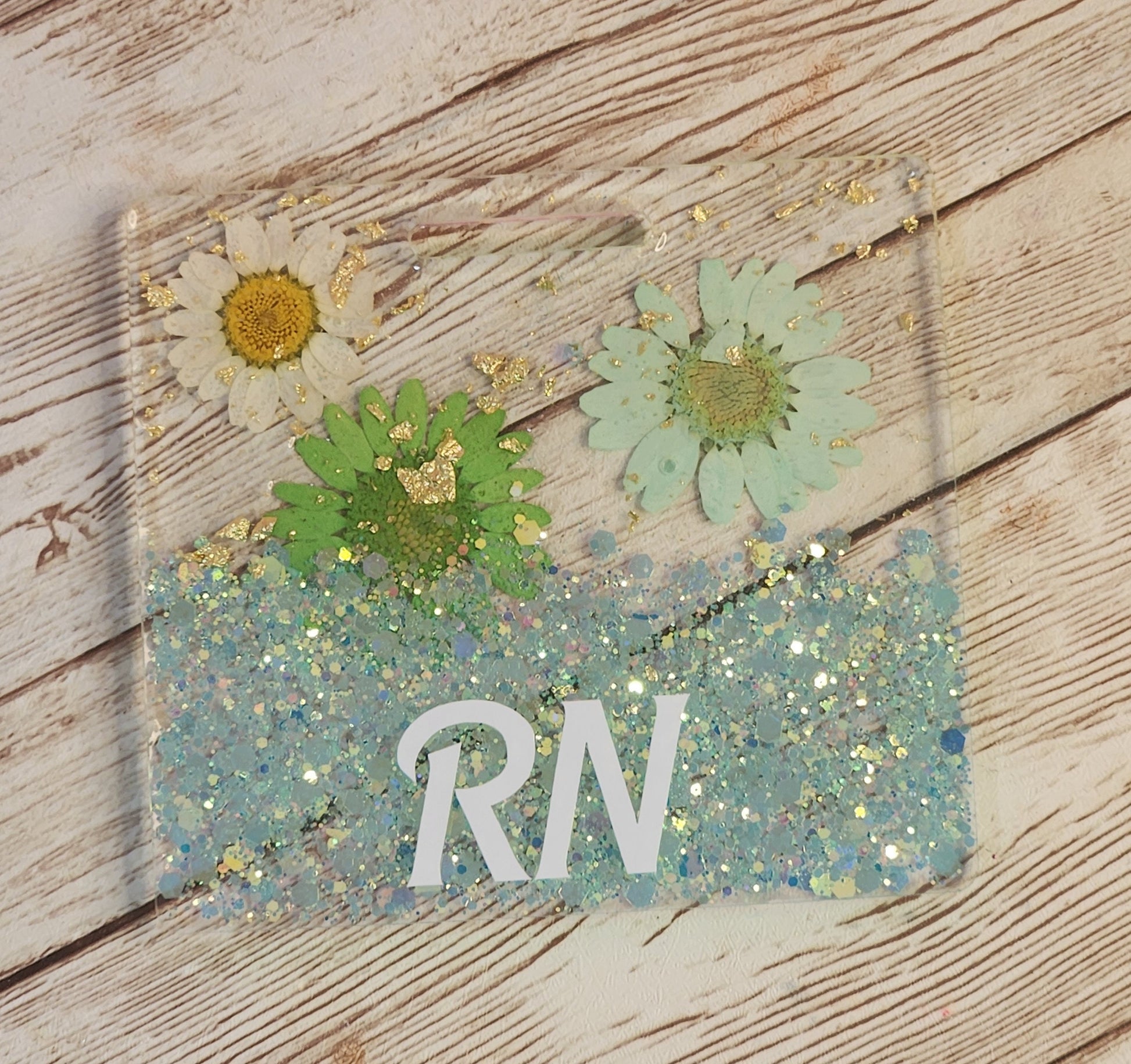 Green Flowers & Glitter with Gold Foil Badge Buddy for Medical Professionals. RN Nurse Badge Buddy. Acrylic and Resin Glitter Badge Buddy - Glamorous Beauty & Boutique