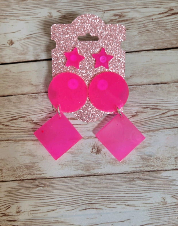 Neon Pink Resin Dangle Earrings. Colorful Statement Earrings. Trendy Geometric Jewelry. Glam Accessories - Glamorous Beauty & Boutique