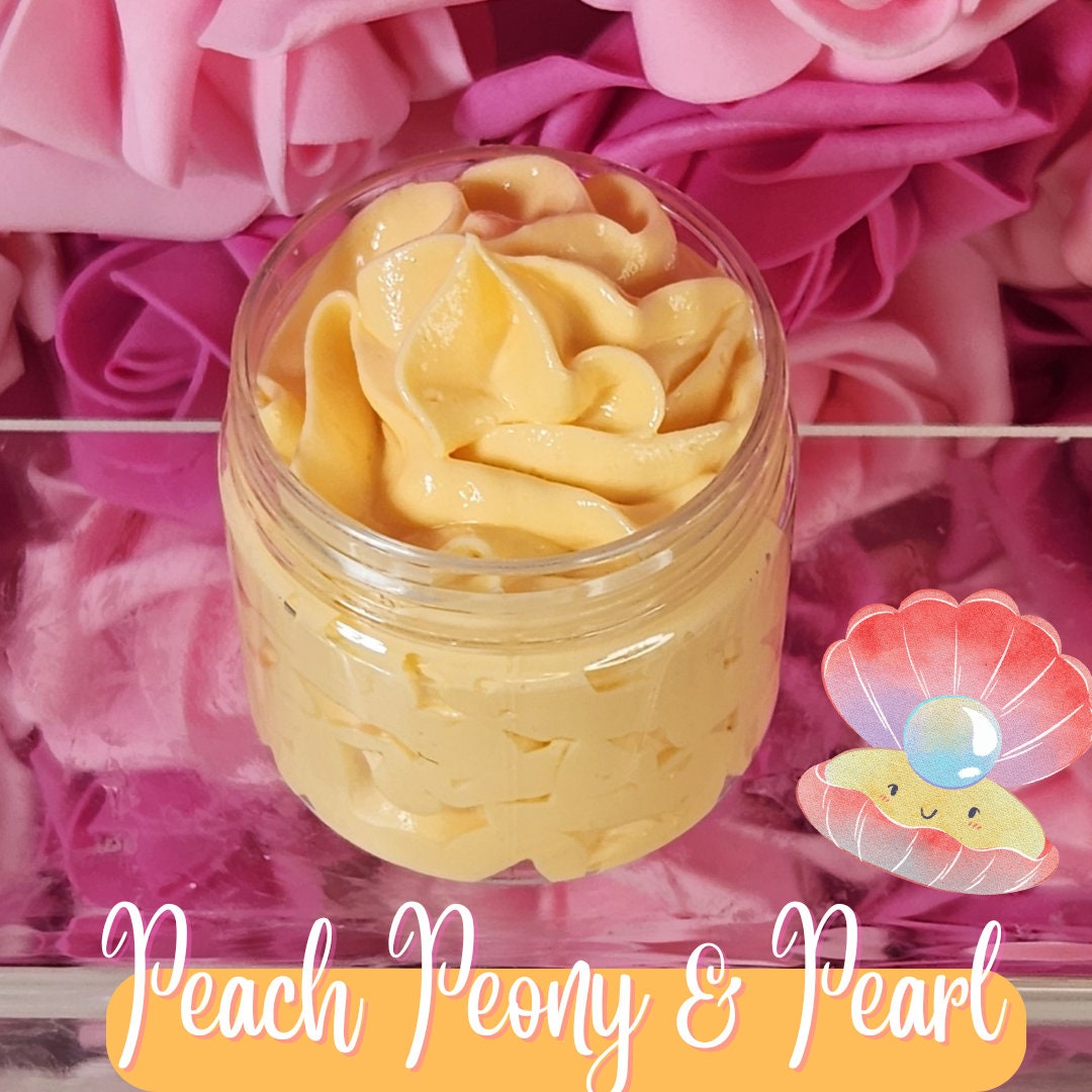 Peach Peony & Pearl Whipped Body Butter. Handmade Shea, Cocoa and Mango Butter Body Frosting. All Natural Non Greasy Emulsified Body Butter - Glamorous Beauty & Boutique