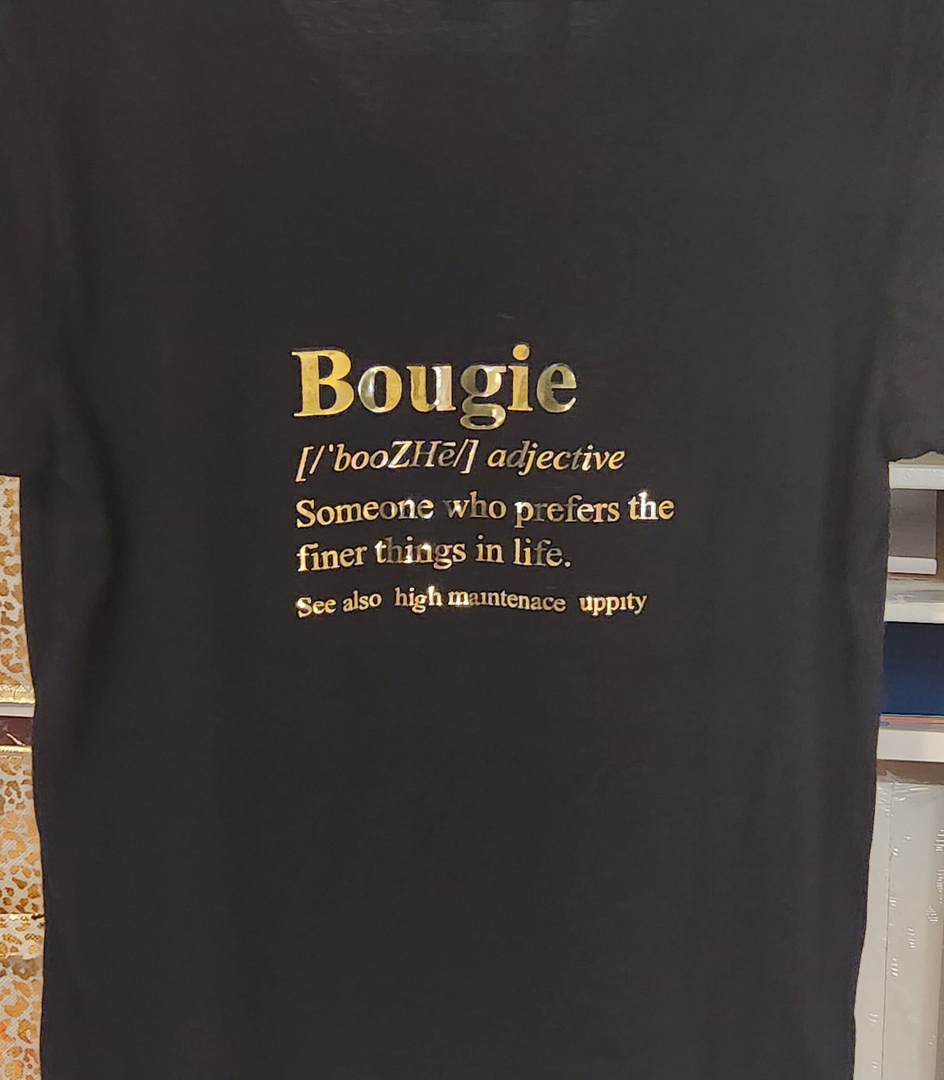 Bougie Definition Black & Gold Graphic Shirt. Glam Short Sleeve Women's Shirt. Bougie Definition Shirt - Glamorous Beauty & Boutique