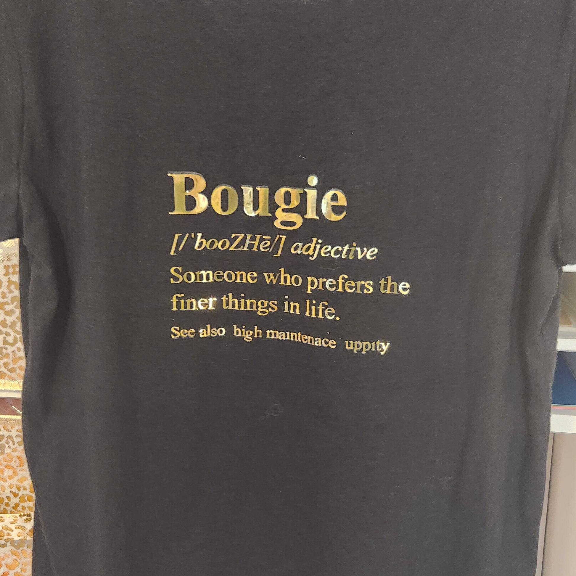 Bougie Definition Black & Gold Graphic Shirt. Glam Short Sleeve Women's Shirt. Bougie Definition Shirt - Glamorous Beauty & Boutique