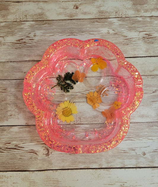 Paw Print Shaped Resin Ash Tray. Presed Flower and Glitter Ash Tray. Orange glitter Ash Tray. Glam Home Decor - Glamorous Beauty & Boutique