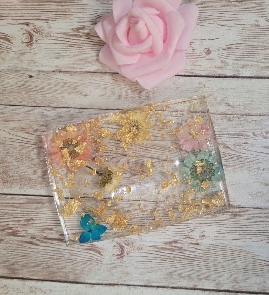 Pressed Flowers & Gold Foil Rectangular Soap Dish. Epoxy Resin Soap Dish. Glam Glitter Soap Holder. Bathroom Decor - Glamorous Beauty & Boutique