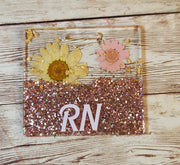 Rose Gold Glitter & Pressed Flowers Badge Buddy for Medical Professionals. Nurse Badge Buddy. Resin Glitter RN Badge Buddy - Glamorous Beauty & Boutique
