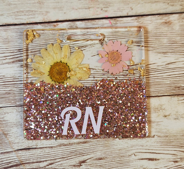 Rose Gold Glitter & Pressed Flowers Badge Buddy for Medical Professionals. Nurse Badge Buddy. Resin Glitter RN Badge Buddy - Glamorous Beauty & Boutique