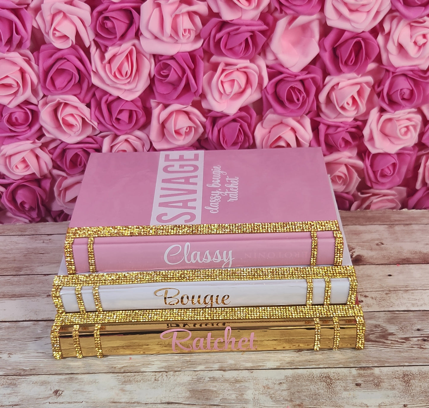 Coffee Table Book Stack (Set of 3). Glam Book Stack. Metallic Gold, White & Pink Books. “Classy, Bougie, Ratchet” Savage. Makeup Room Decor - Glamorous Beauty & Boutique