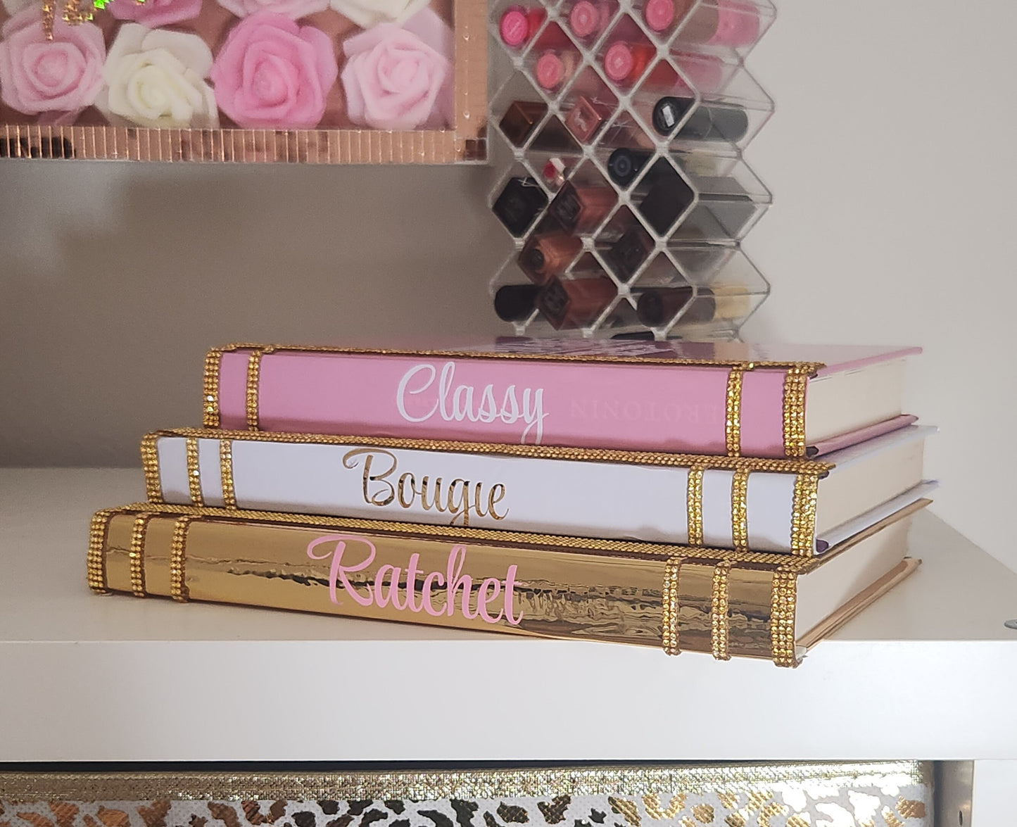 Coffee Table Book Stack (Set of 3). Glam Book Stack. Metallic Gold, White & Pink Books. “Classy, Bougie, Ratchet” Savage. Makeup Room Decor - Glamorous Beauty & Boutique